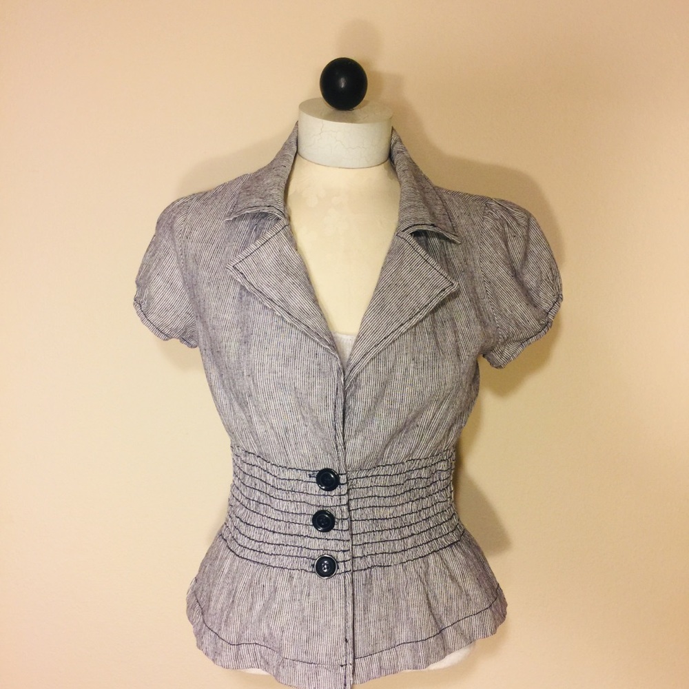 JEZEBELL-Blue & White Linen/Cotton Top- M